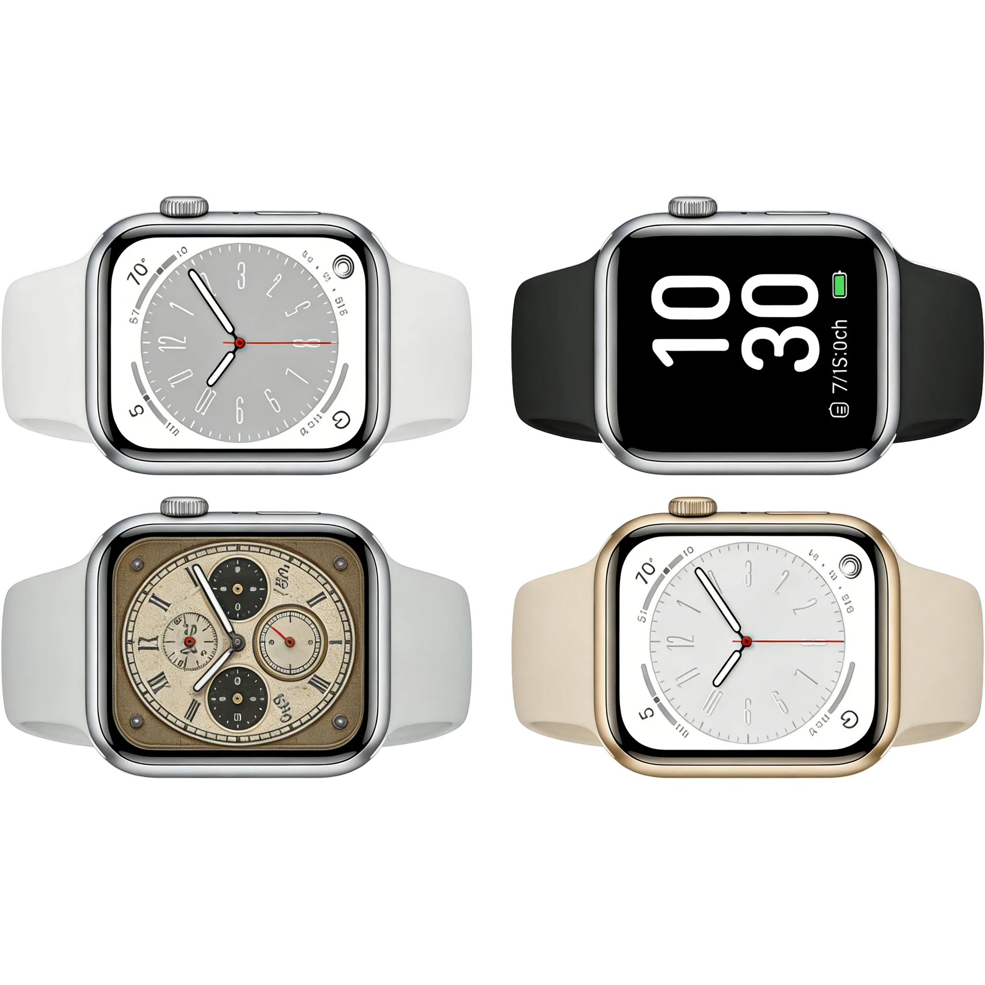 YT001 Apple Smart Watch 4-Pack Collection: White/Black/Grey/Gold Cases with Silicone Bands