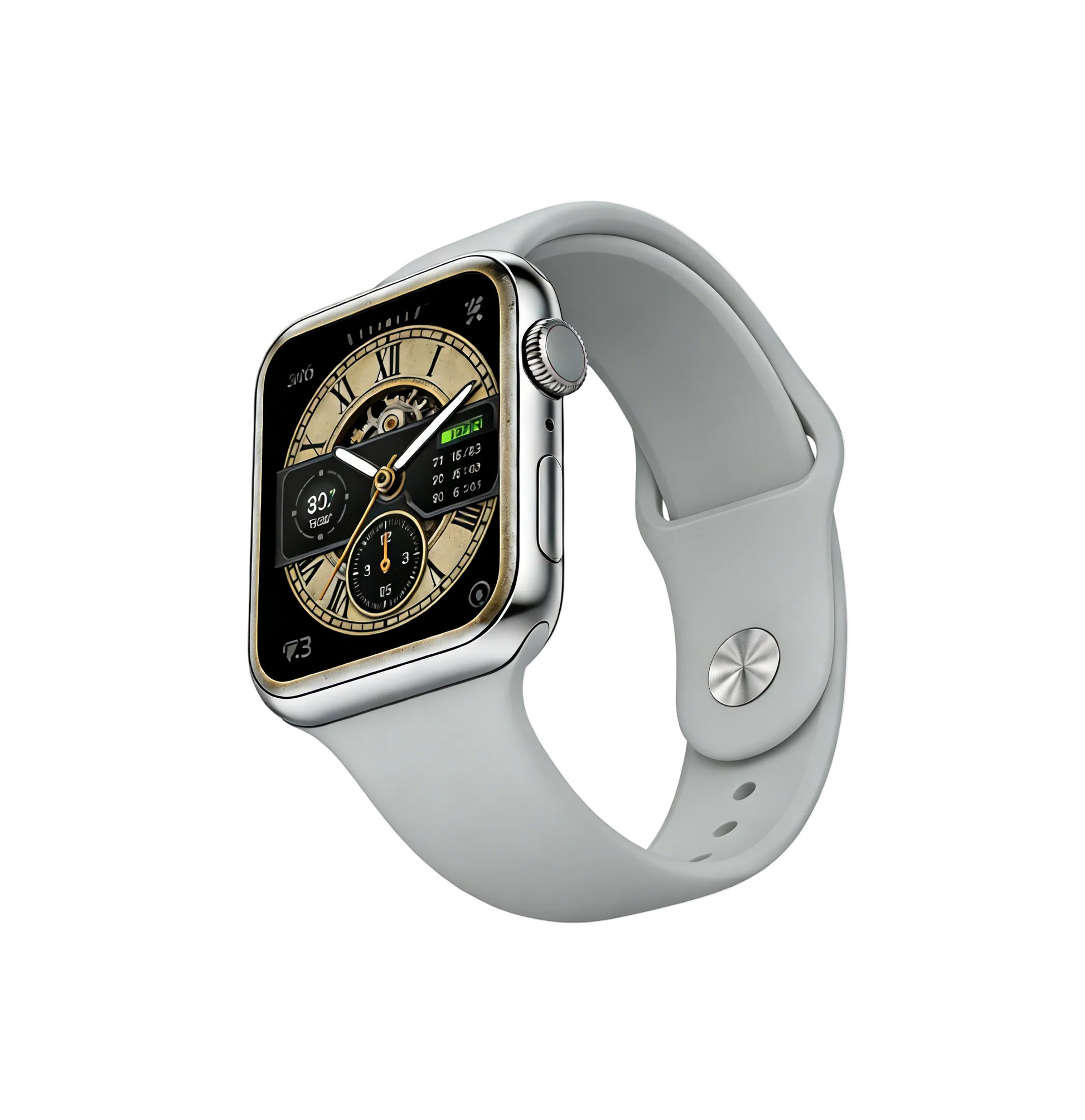 YT001 Apple Smart Watch, Silver Case with Light Grey Silicone Band, Vintage Mechanical Watch Face Fitness Tracker
