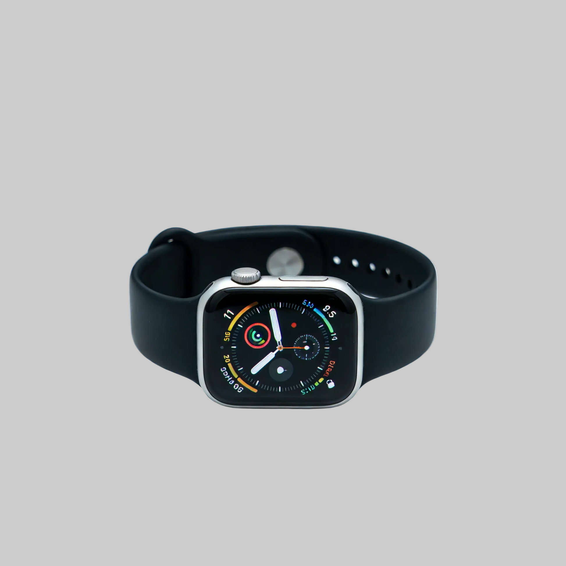 YT002 Mini Apple Smart Watch, Silver Case with Black Silicone Band, Fitness Tracker with Activity Monitor Display - Grey Background
Alternative ALT Text (Feature-Focused):