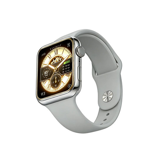 YT002 Mini Apple Smart Watch - Silver Metal Case, Light Grey Silicone Band, Fitness Tracker with 10 Sports Modes & Heart Rate Monitor - White Background