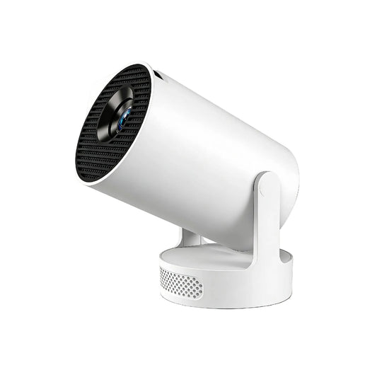 HY300 Ultra portable mini projector, white cylindrical design with adjustable stand, front view on clean white background