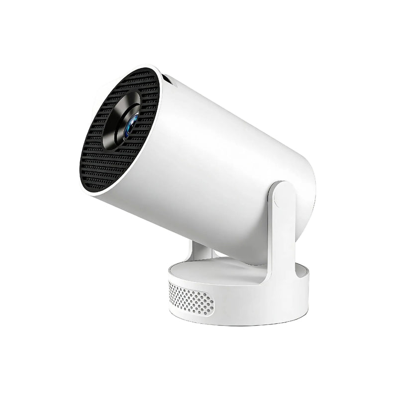 HY300 Ultra portable mini projector, white cylindrical design with adjustable stand, front view on clean white background