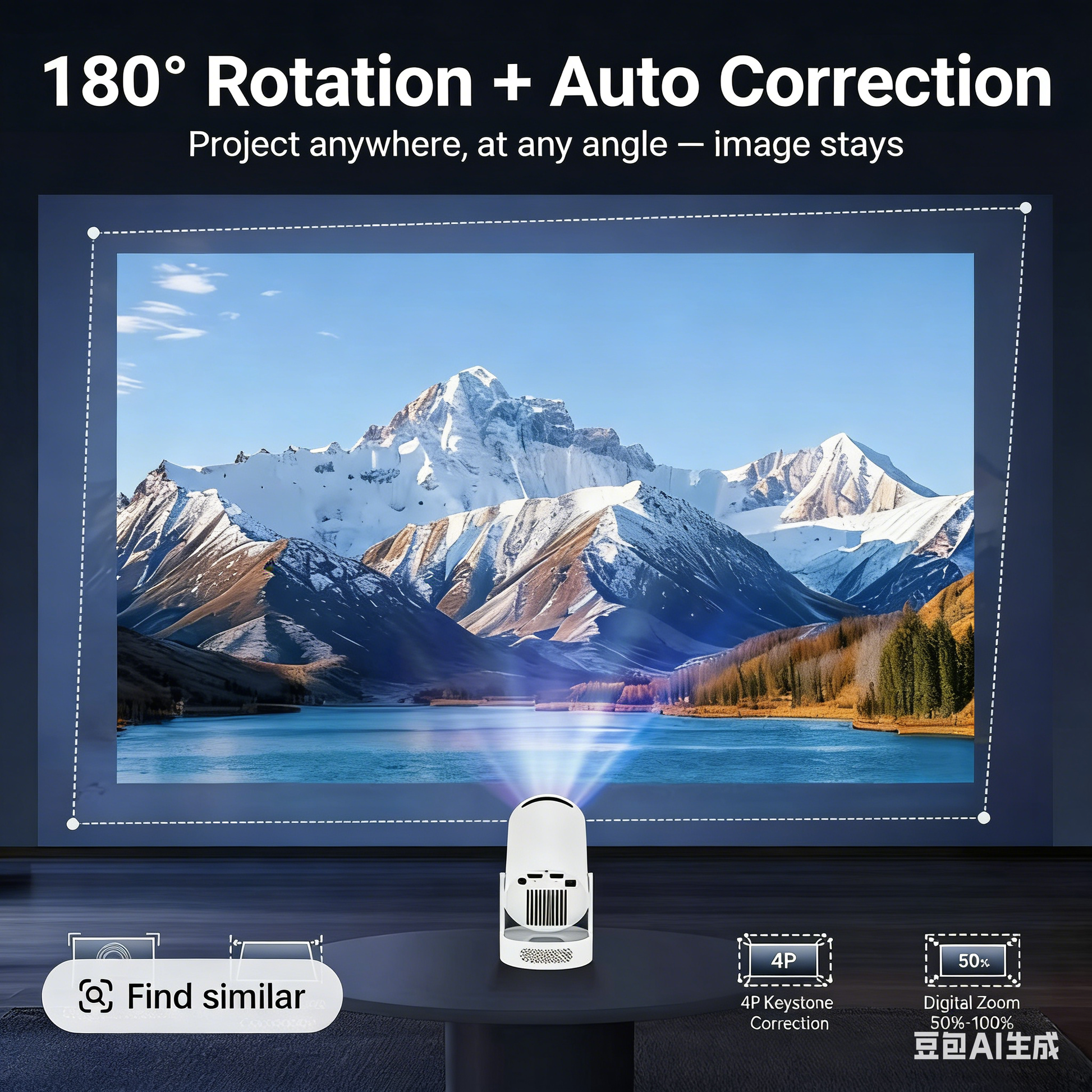 HY300 Ultra portable mini projector with 180° rotation, 4-point keystone correction, and digital zoom, projecting a clear mountain landscape at any angle