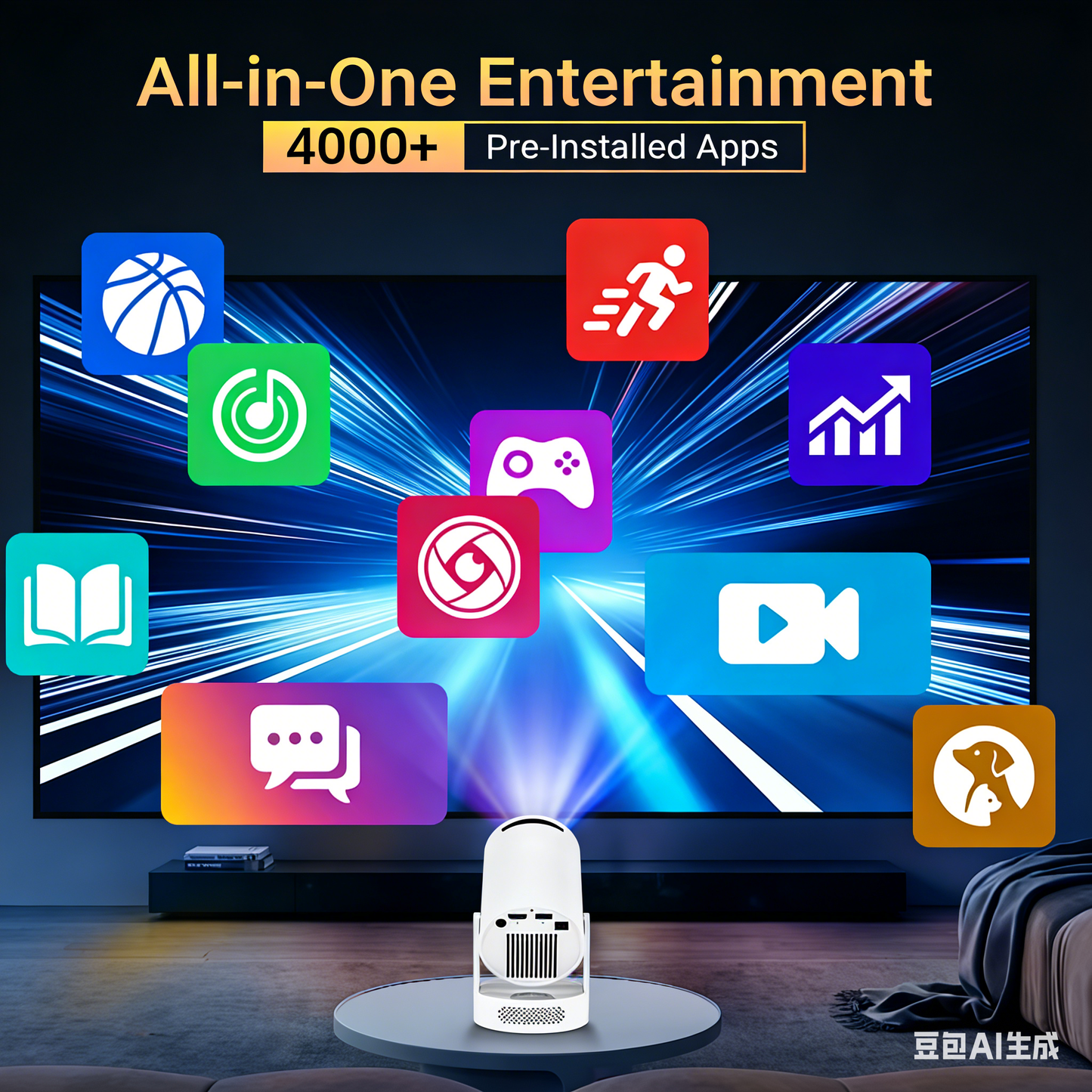 HY300 Ultra portable mini projector showcasing all-in-one entertainment with 4000+ pre-installed apps for streaming, gaming, and productivity