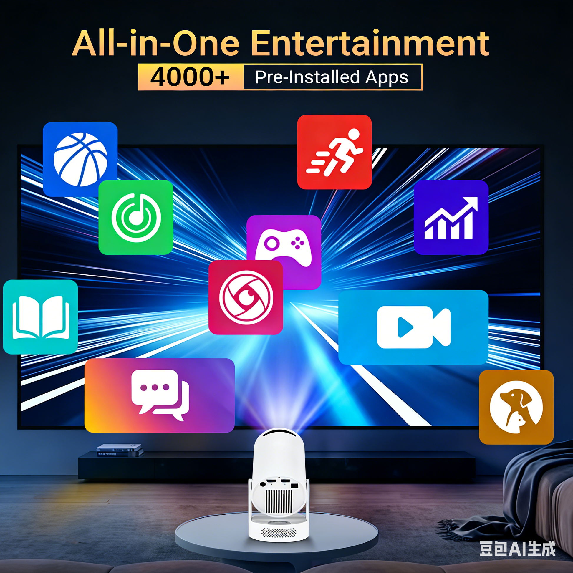 HY300 Ultra portable mini projector showcasing all-in-one entertainment with 4000+ pre-installed apps for streaming, gaming, and productivity
