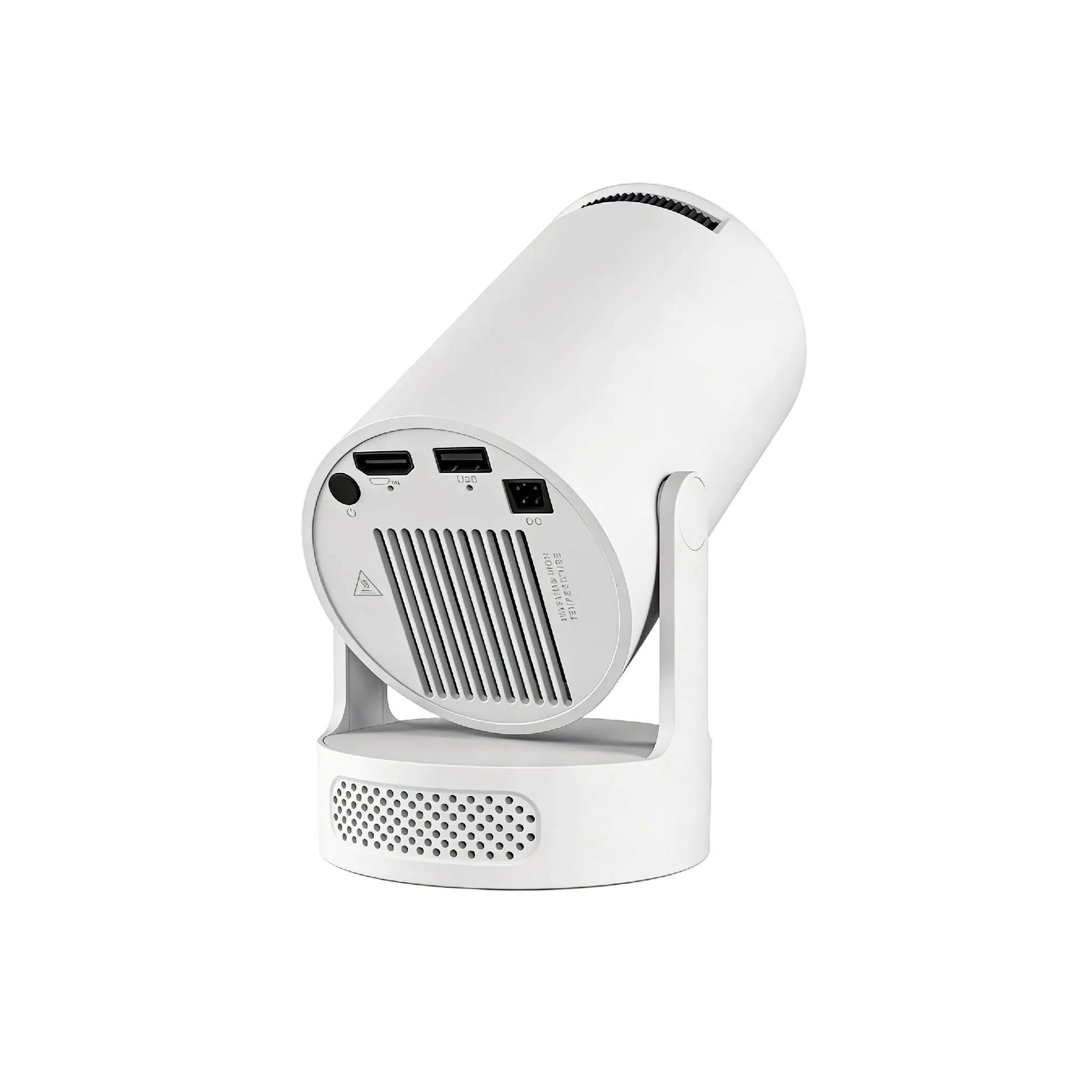 HY300 Ultra portable mini projector back view, showing HDMI, USB, and power ports for versatile connectivity, white cylindrical design with adjustable stand