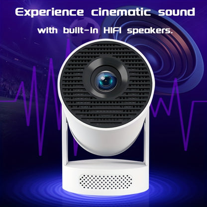 HY300 Ultra portable mini projector with built-in HiFi speakers, showcasing cinematic sound capabilities and sleek white cylindrical design