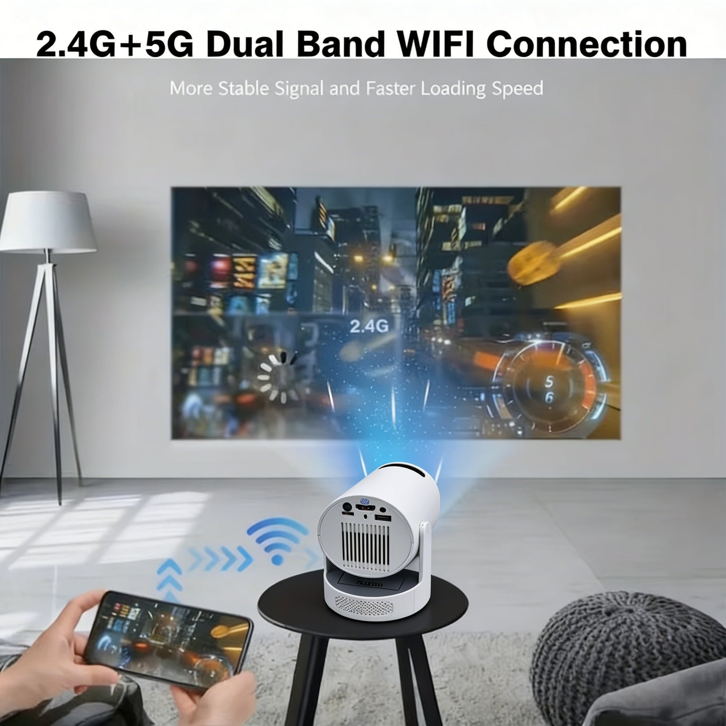 Smart home device with 2.4G+5G dual band WiFi connection displayed in a living room setting.