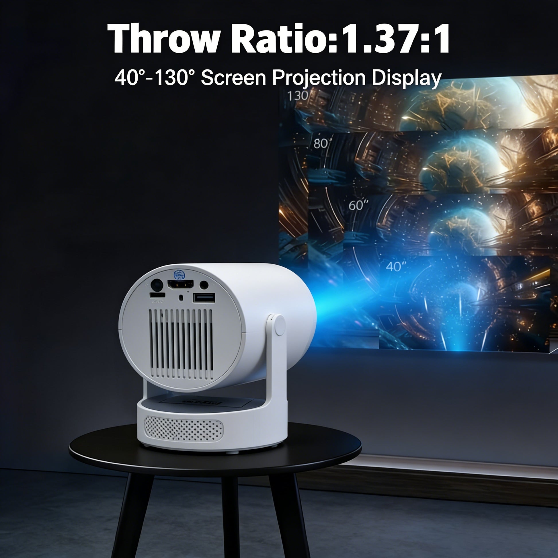 "HY300 Ultra portable mini projector with 1.37:1 throw ratio, showcasing 40°–130° flexible screen projection display for home theater