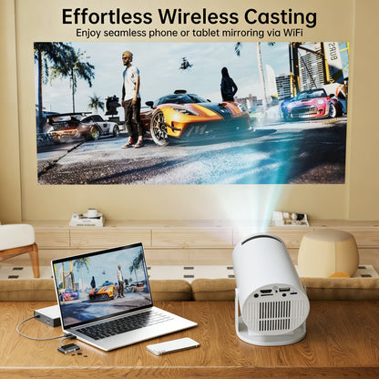 HY300 Ultra portable mini projector demonstrating effortless wireless casting, mirroring a laptop screen via WiFi for gaming and home entertainment