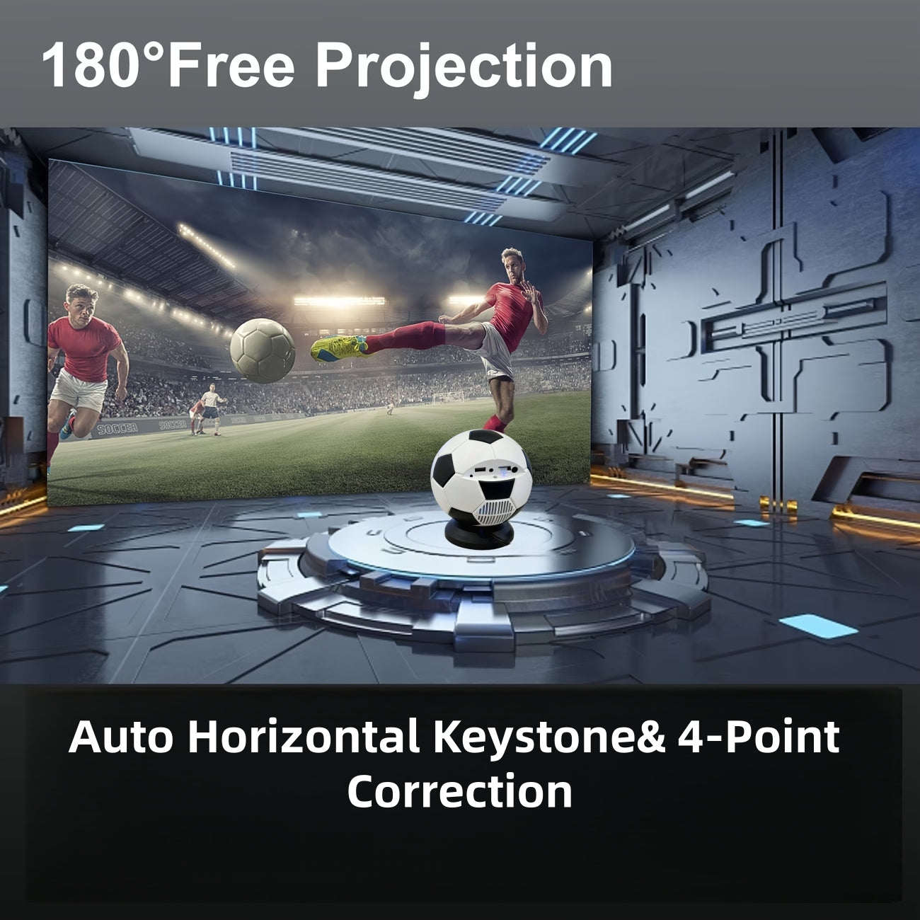 Soccer game projection in a futuristic room with text about projection technology.