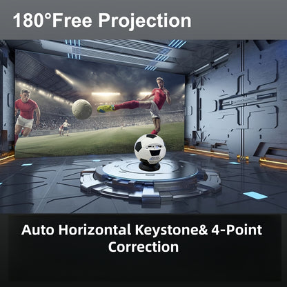Soccer game projection in a futuristic room with text about projection technology.
