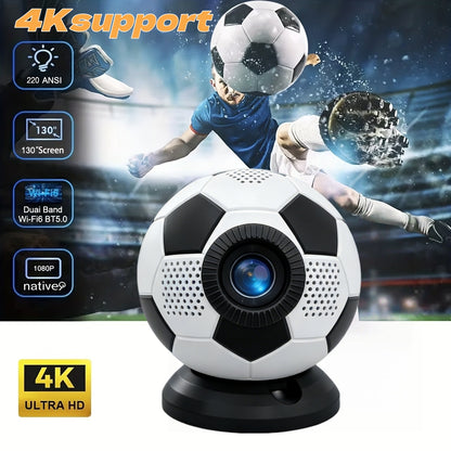 Soccer ball-shaped camera with 4K support features on a sports-themed background
