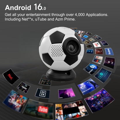 Q5 soccer ball design mini projector running Android 16.0, showcasing access to 4000+ entertainment apps including streaming services for movies, shows, and gaming