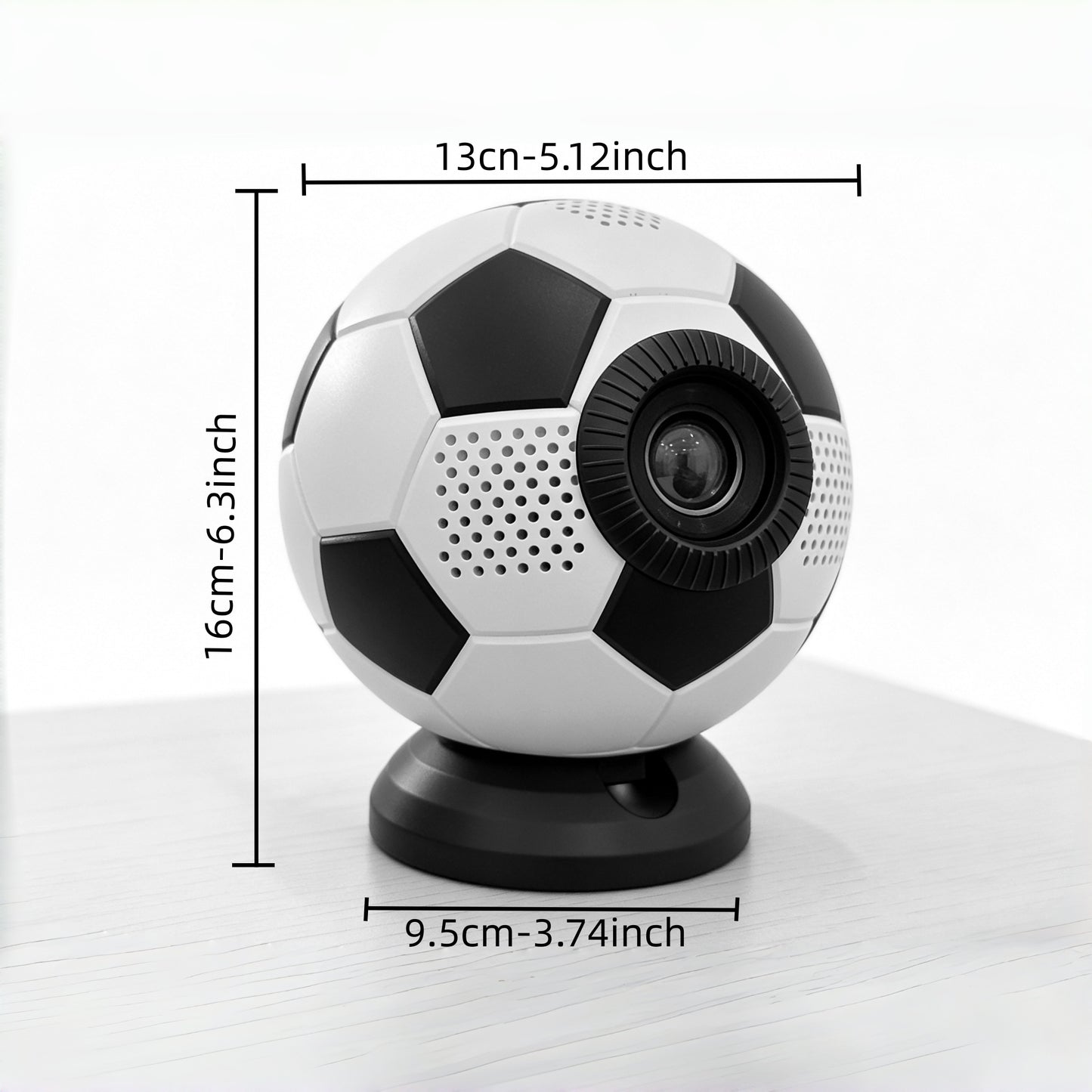 Q5 soccer ball mini projector dimensions: 13cm width, 16cm height, 9.5cm base diameter, compact portable size for easy placement and transport
