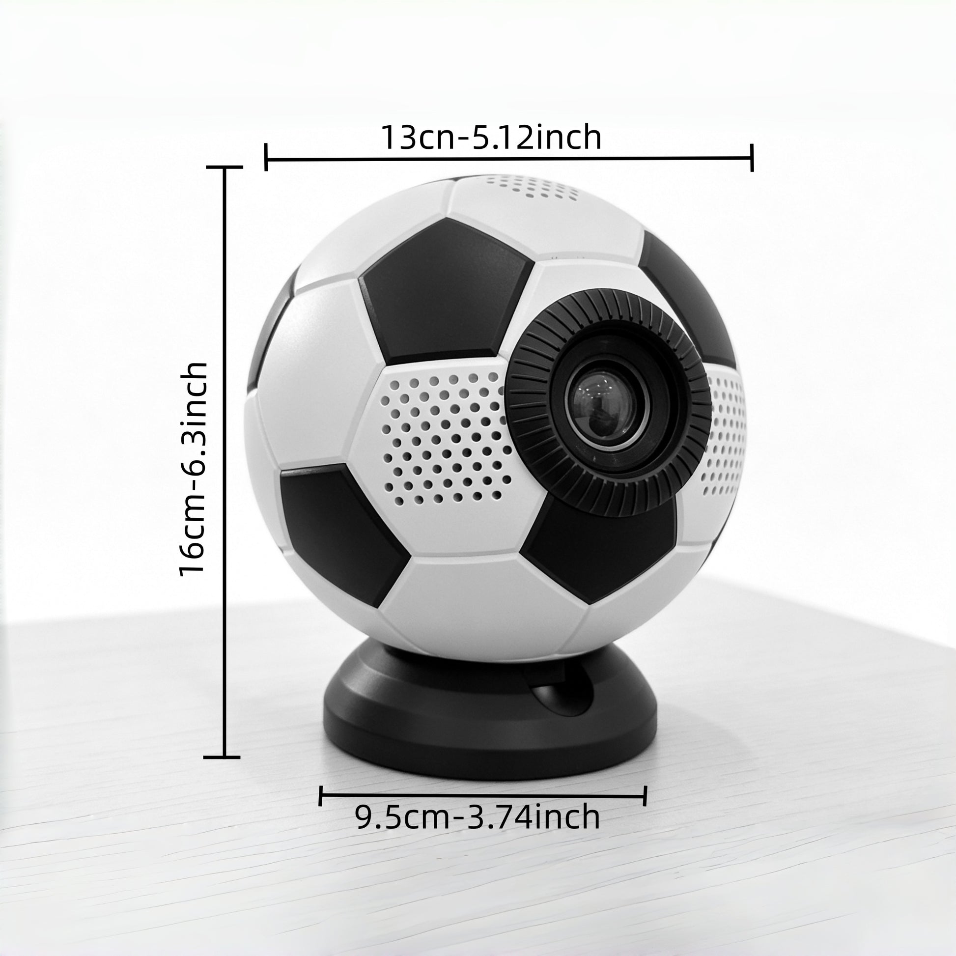 Q5 soccer ball mini projector dimensions: 13cm width, 16cm height, 9.5cm base diameter, compact portable size for easy placement and transport