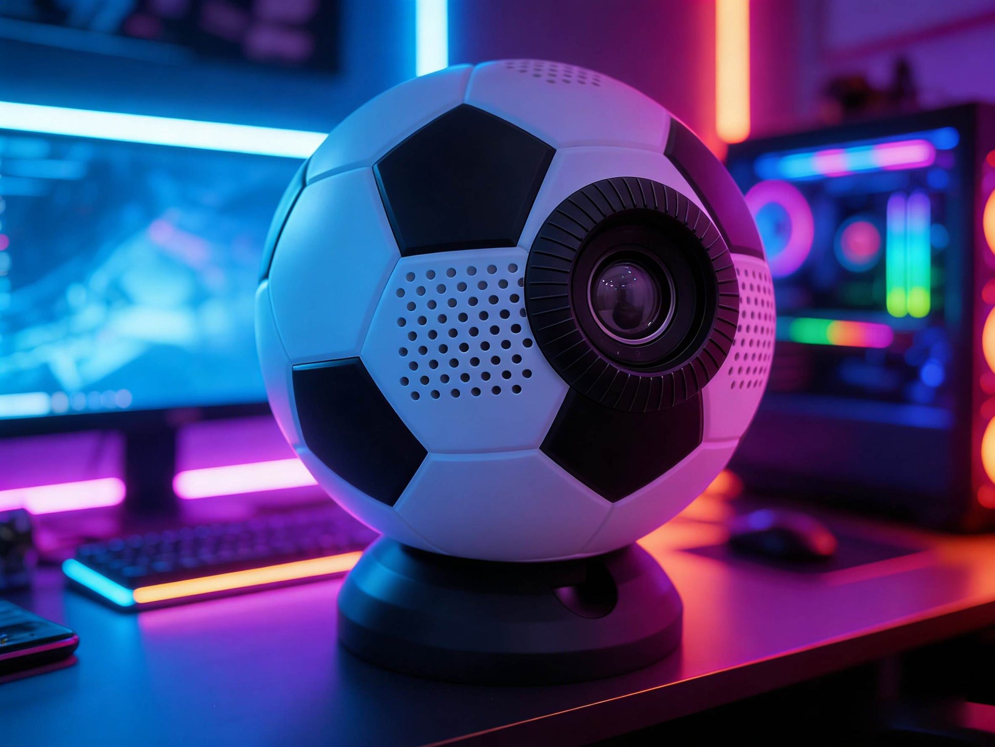 Q5 mini soccer ball design projector, front view on clean white background, portable home entertainment device
