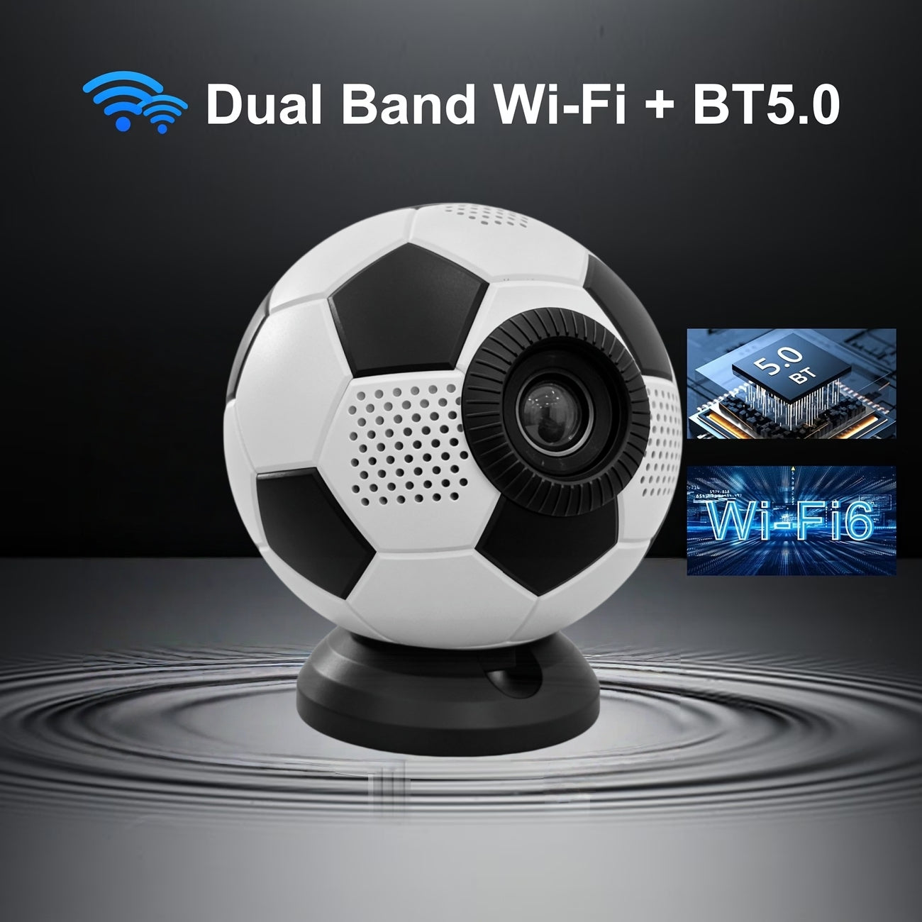Q5 soccer ball mini projector with dual band Wi-Fi and Bluetooth 5.0 connectivity, showcasing fast wireless streaming and audio pairing capabilities