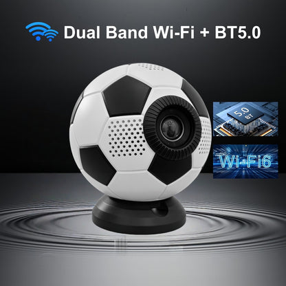 Q5 soccer ball mini projector with dual band Wi-Fi and Bluetooth 5.0 connectivity, showcasing fast wireless streaming and audio pairing capabilities